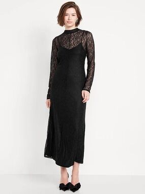 Black Lace Long-Sleeve Maxi Dress w/Slip